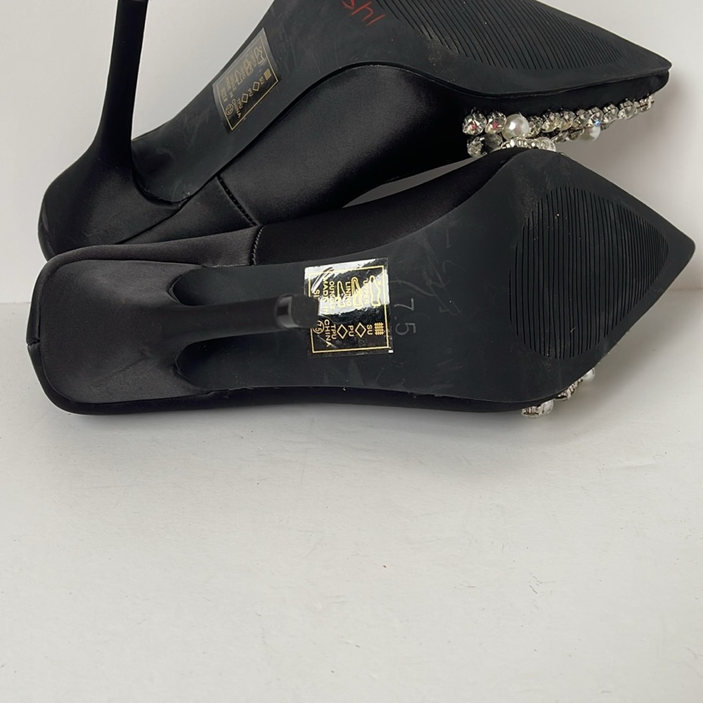Azalea Wang Women’s Black Satin Embellished Stiletto Heels Pointed Toe Size 7.5 - Picture 6 of 10